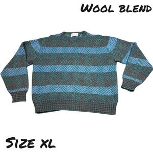 VTG 90s Sweater Striped Mens XL Crewneck Grandpa Core Fisherman Chunky Knit Blue